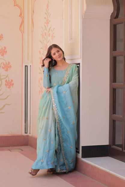 Meher Pastel Bloom  Pedding Gold Organza with  Multi Embroidered Work Gown