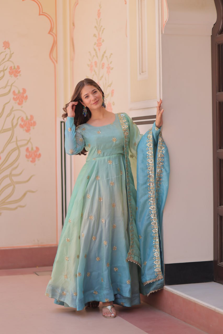 Meher Pastel Bloom  Pedding Gold Organza with  Multi Embroidered Work Gown