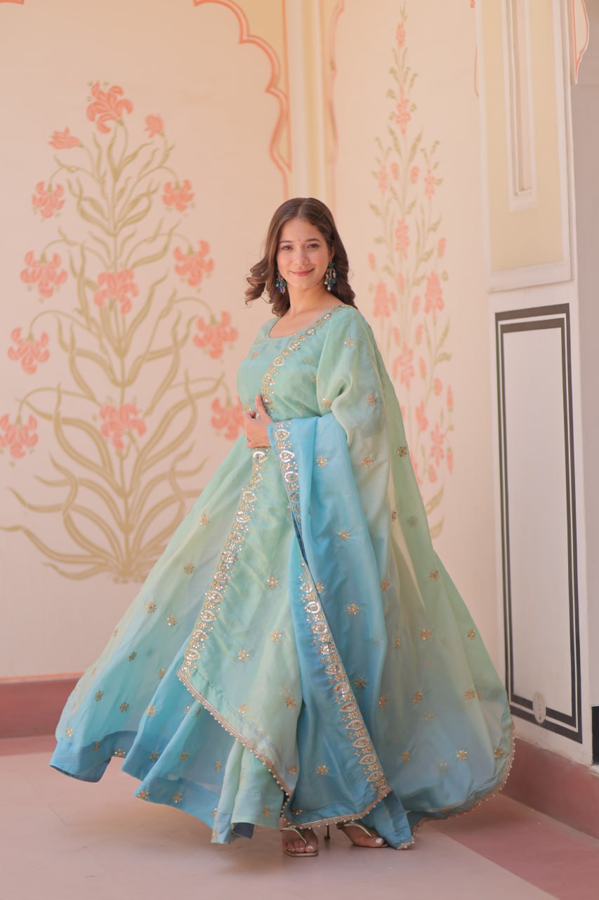 Meher Pastel Bloom  Pedding Gold Organza with  Multi Embroidered Work Gown