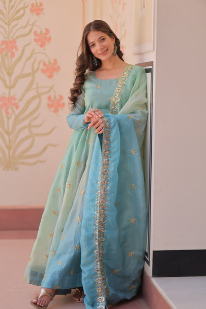Meher Pastel Bloom  Pedding Gold Organza with  Multi Embroidered Work Gown
