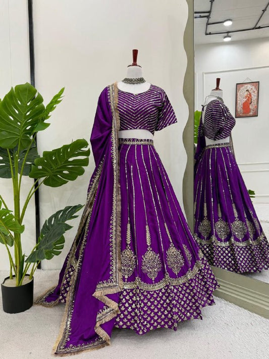 Tanvika Beautiful  Purple Hevay Thread With Sequnce Work Lehenga Set
