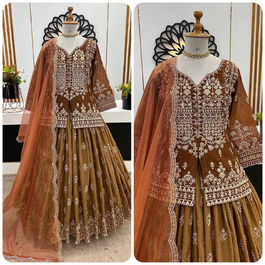 Siya Royal Rust  Beads Handwork Coding Sequence Lahenga