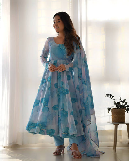Aavya in Aqua Bloom Marble Print  Anarkali Suit