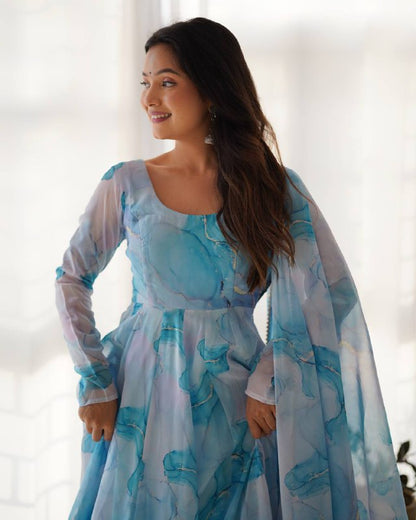 Aavya in Aqua Bloom Marble Print  Anarkali Suit