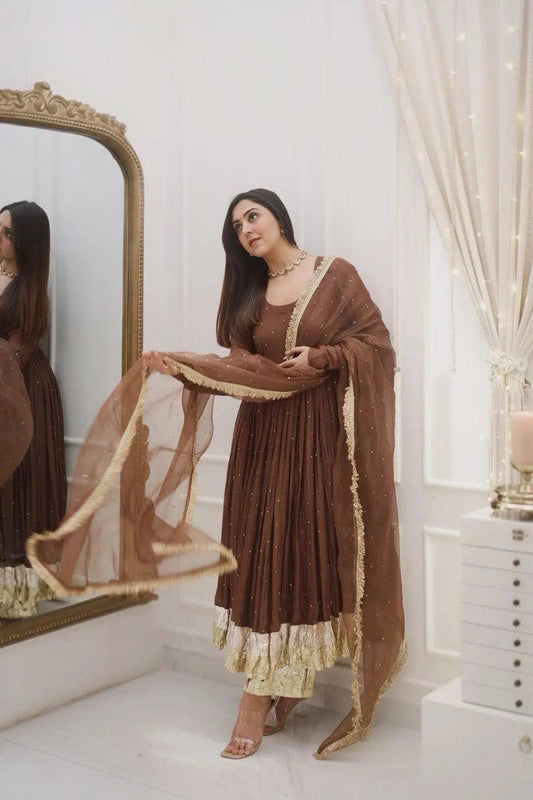 Zaitoon Brown Royal Wear Brown Moti Work Anarkali Set