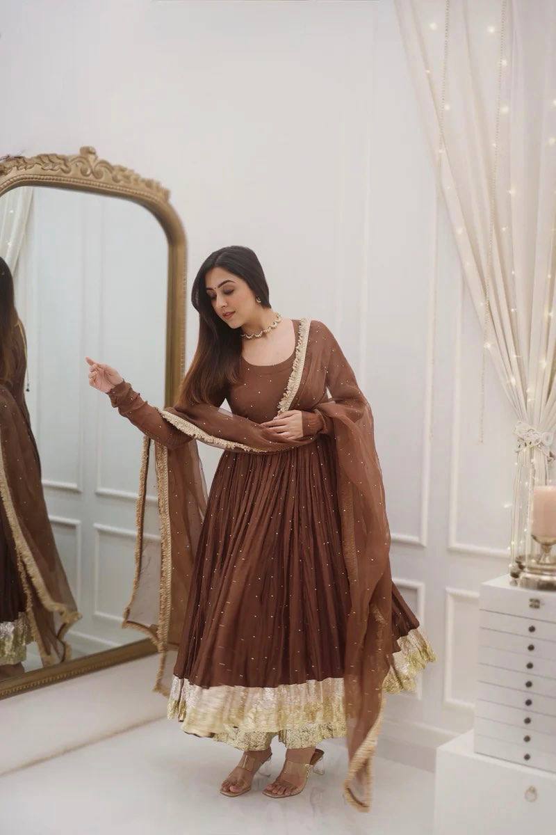 Zaitoon Brown Royal Wear Brown Moti Work Anarkali Set
