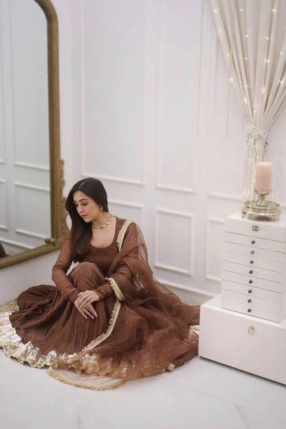 Zaitoon Brown Royal Wear Brown Moti Work Anarkali Set