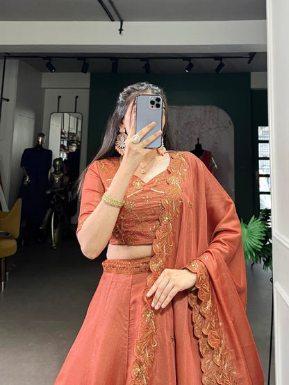 Elegant Rust Silk Lehenga Choli with Gota Embroidery Dupatta