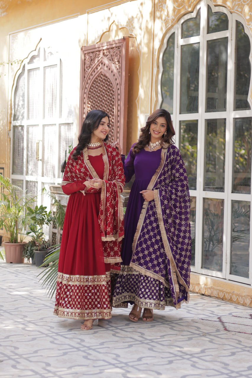 Maroon And Purple Royalty Heavy Embroidery Dreams Gown