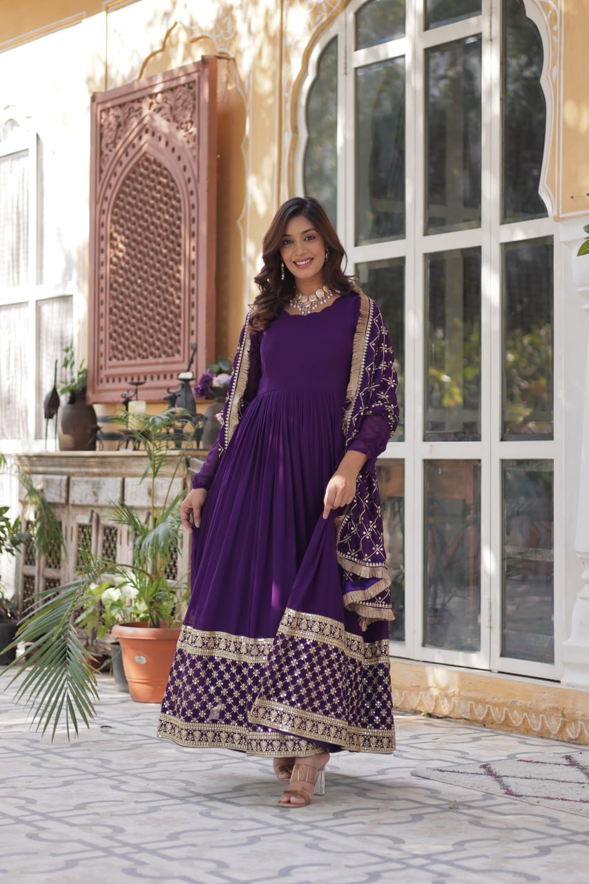 Maroon And Purple Royalty Heavy Embroidery Dreams Gown