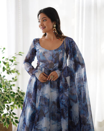 Aavya in Aqua Bloom Marble Print  Anarkali Suit