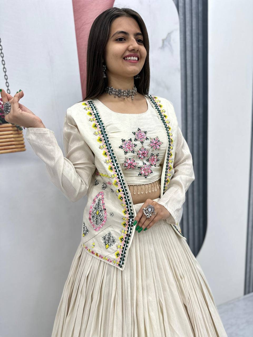 Navratri Noor Off-White Lehenga with Real Handwork Jacket