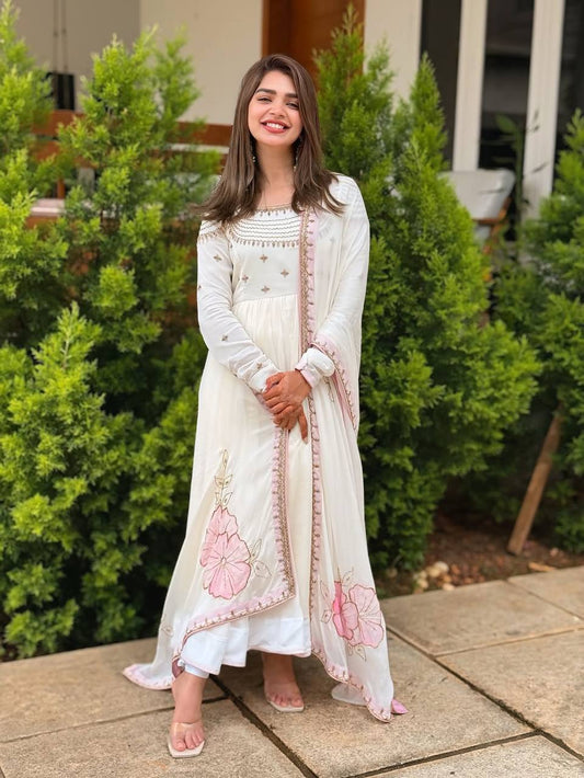 Iralyn Blush Bloom White Embroidered Anarkali Set