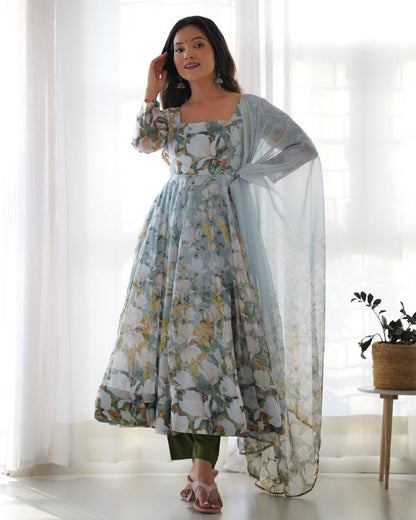 Sky Bloom Floral with Puff Sleeves Anarkali Set