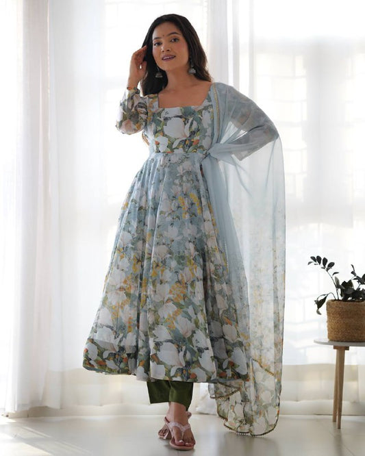 Sky Bloom Floral with Puff Sleeves Anarkali Set