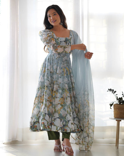 Sky Bloom Floral with Puff Sleeves Anarkali Set