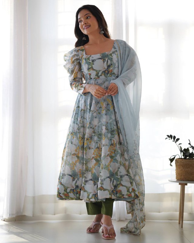 Sky Bloom Floral with Puff Sleeves Anarkali Set