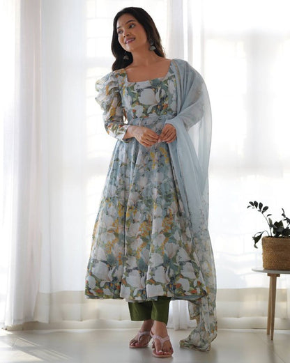 Sky Bloom Floral with Puff Sleeves Anarkali Set