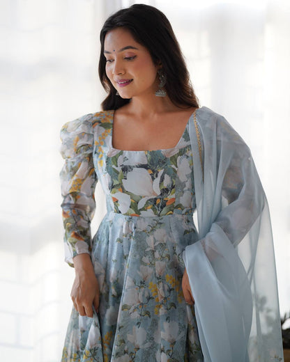 Sky Bloom Floral with Puff Sleeves Anarkali Set