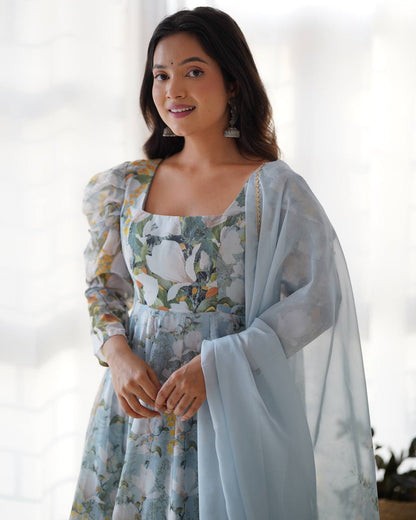 Sky Bloom Floral with Puff Sleeves Anarkali Set