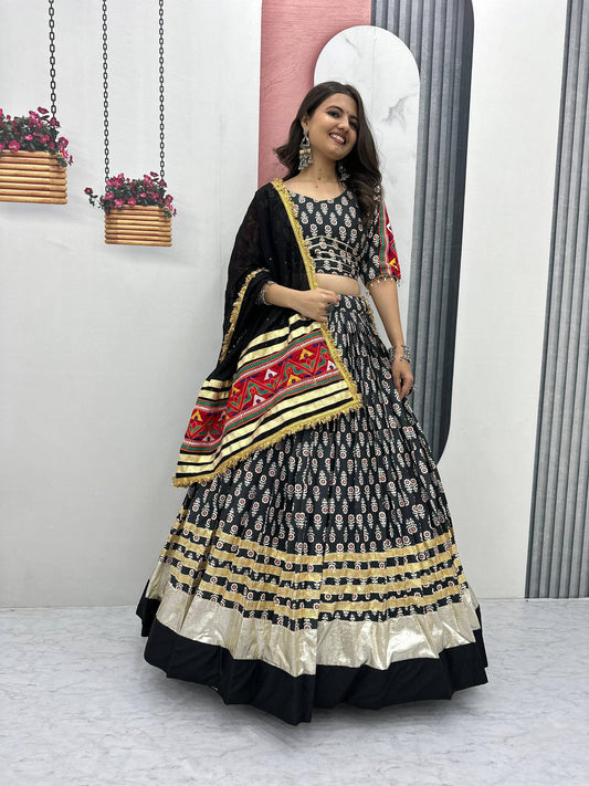 Black & Golden Vibrant Mirror Work Dupatta Navratri Lehenga Set