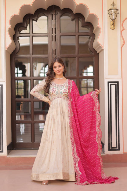 Regal Elegance Cream  Mirror Work Anarkali Gown with Bandhej Dupatta
