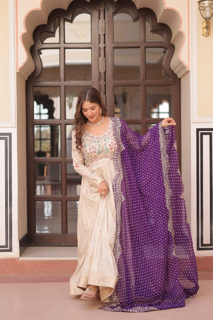 Regal Elegance Cream  Mirror Work Anarkali Gown with Bandhej Dupatta