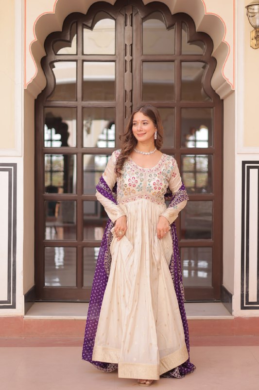 Regal Elegance Cream  Mirror Work Anarkali Gown with Bandhej Dupatta