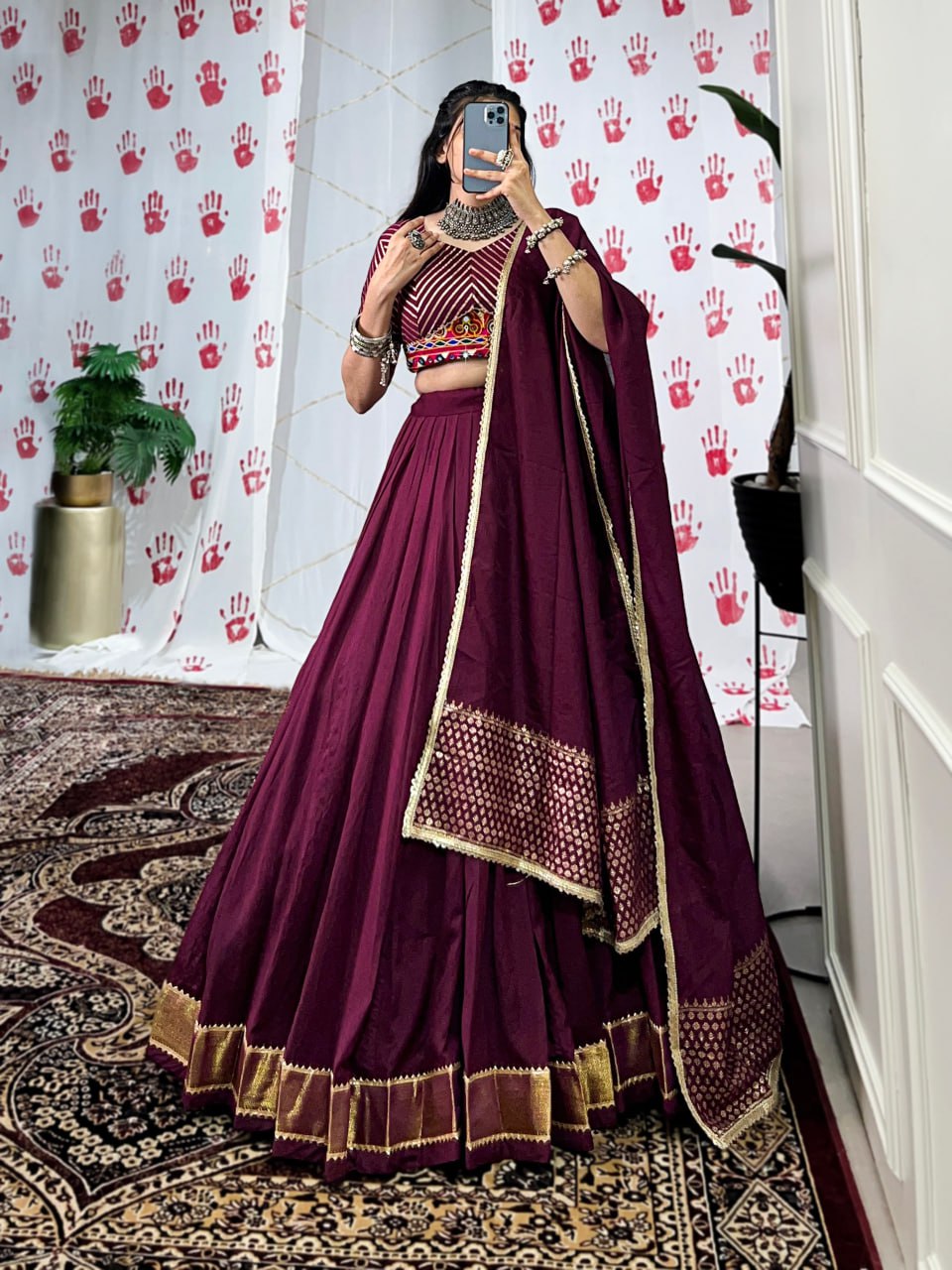 Meraki  Bronze  & Wine Chanderi  Handwork Navratri Lehenga Set