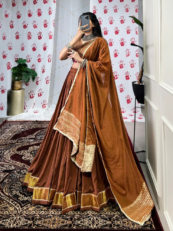 Meraki  Bronze  & Wine Chanderi  Handwork Navratri Lehenga Set