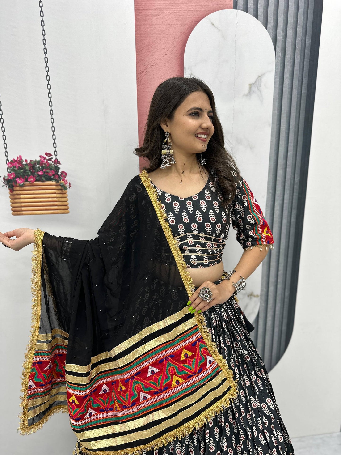 Black & Golden Vibrant Mirror Work Dupatta Navratri Lehenga Set