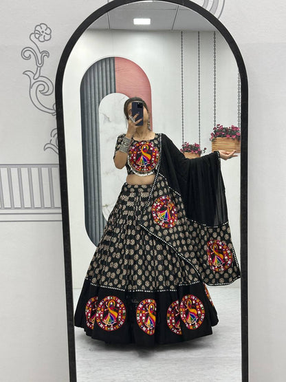 Maroon & Black  Navratri  Vibrant Peacock Mirror Embroidery Lehenga Set