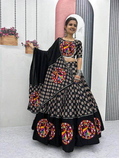 Maroon & Black  Navratri  Vibrant Peacock Mirror Embroidery Lehenga Set