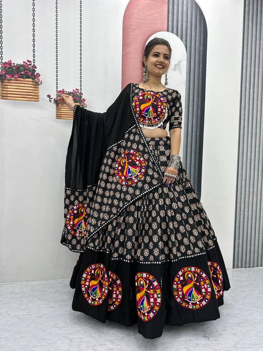 Maroon & Black  Navratri  Vibrant Peacock Mirror Embroidery Lehenga Set