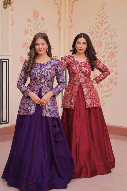 Royal Silk Brocade Embroidered Maroon & Purple Jacket  Lehenga Set