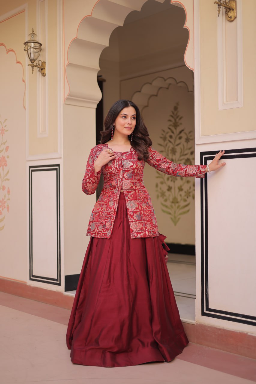 Royal Silk Brocade Embroidered Maroon & Purple Jacket  Lehenga Set