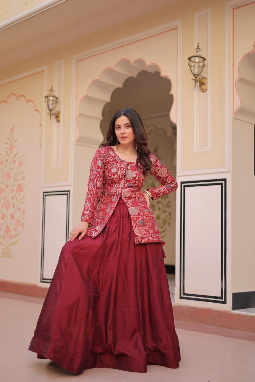 Royal Silk Brocade Embroidered Maroon & Purple Jacket  Lehenga Set