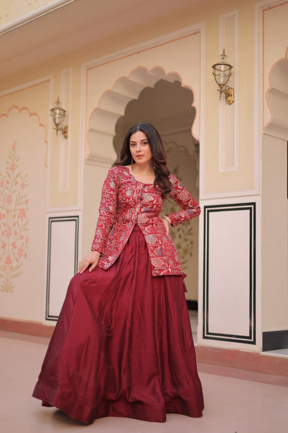 Royal Silk Brocade Embroidered Maroon & Purple Jacket  Lehenga Set
