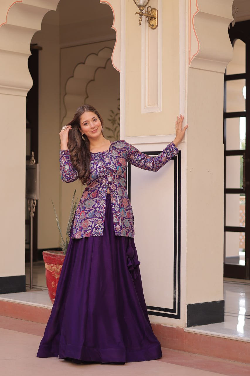 Royal Silk Brocade Embroidered Maroon & Purple Jacket  Lehenga Set