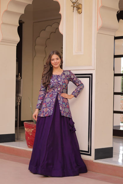 Royal Silk Brocade Embroidered Maroon & Purple Jacket  Lehenga Set