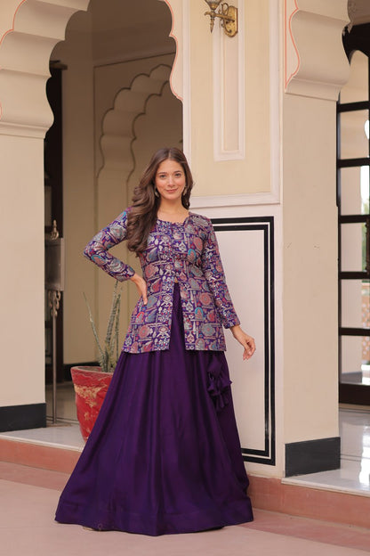 Royal Silk Brocade Embroidered Maroon & Purple Jacket  Lehenga Set