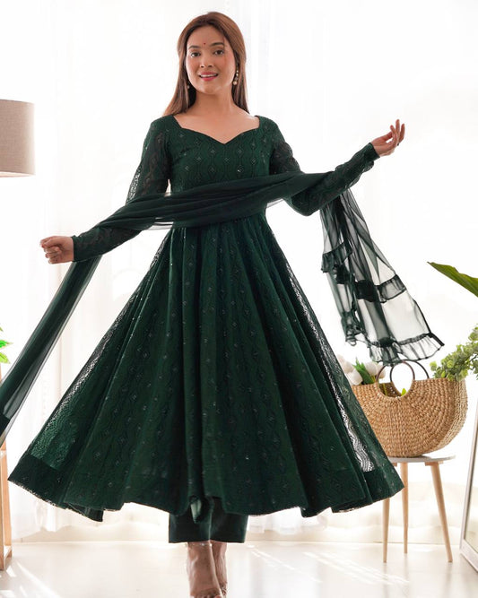 Emerald Green Georgette With  Lukhnowi Sequence Work  Anarkali Set