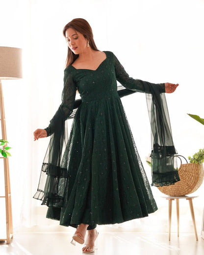 Emerald Green Georgette With  Lukhnowi Sequence Work  Anarkali Set