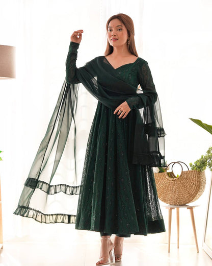 Emerald Green Georgette With  Lukhnowi Sequence Work  Anarkali Set