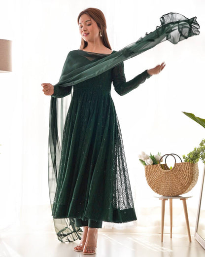 Emerald Green Georgette With  Lukhnowi Sequence Work  Anarkali Set