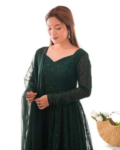 Emerald Green Georgette With  Lukhnowi Sequence Work  Anarkali Set
