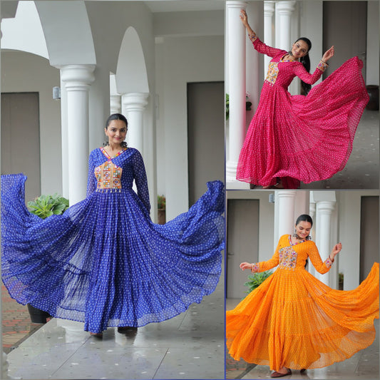 Rang Raas Mirror Work And  Bandhani  Printed Flared Navratri Gown Set