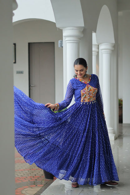 Rang Raas Mirror Work And  Bandhani  Printed Flared Navratri Gown Set
