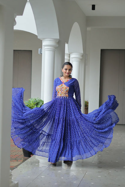 Rang Raas Mirror Work And  Bandhani  Printed Flared Navratri Gown Set
