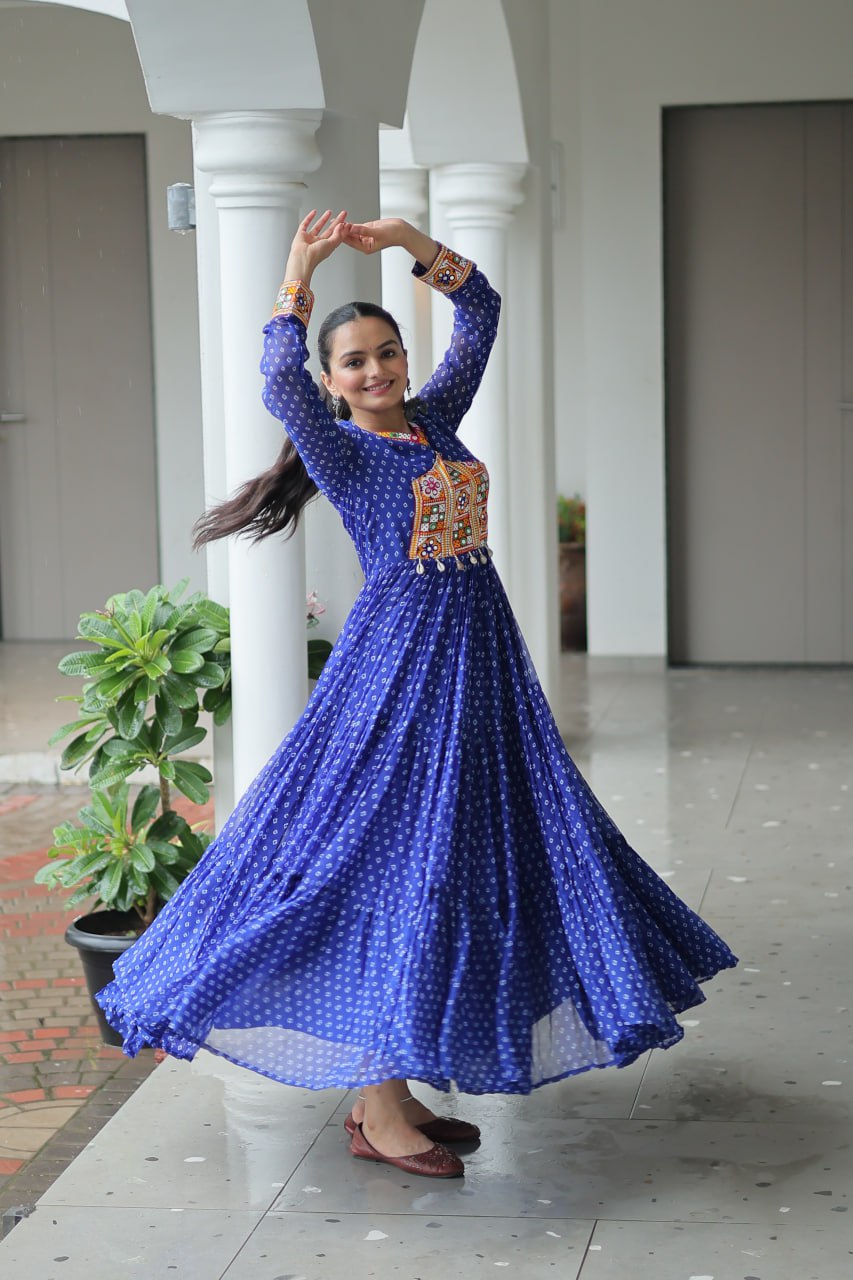 Rang Raas Mirror Work And  Bandhani  Printed Flared Navratri Gown Set
